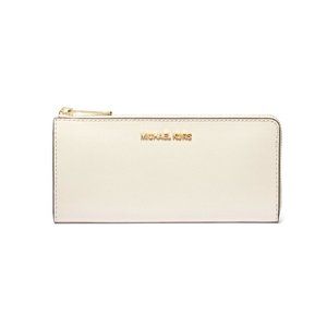 New Michael Kors Jet Set Travel Large Leather Quarter-Zip Wallet Light Cream